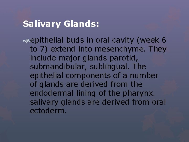 Salivary Glands: epithelial buds in oral cavity (week 6 to 7) extend into mesenchyme.