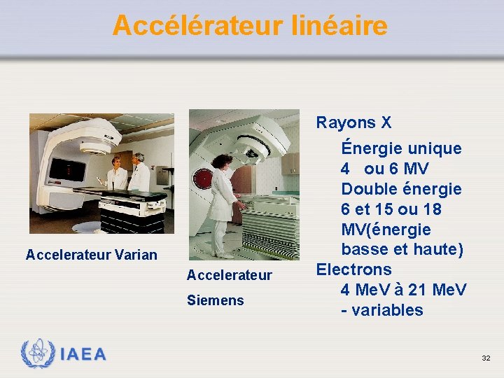 Accélérateur linéaire Rayons X Accelerateur Varian Accelerateur Siemens IAEA Énergie unique 4 ou 6