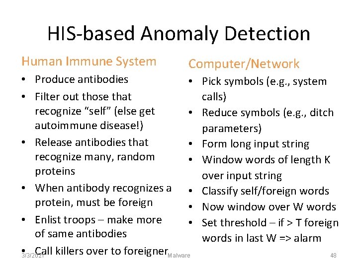 HIS-based Anomaly Detection Human Immune System Computer/Network • Produce antibodies • • Filter out