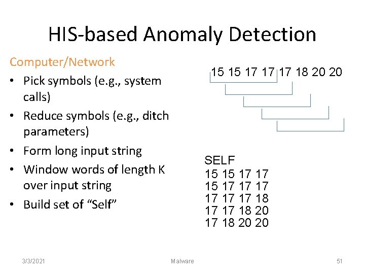 HIS-based Anomaly Detection Computer/Network • Pick symbols (e. g. , system calls) • Reduce