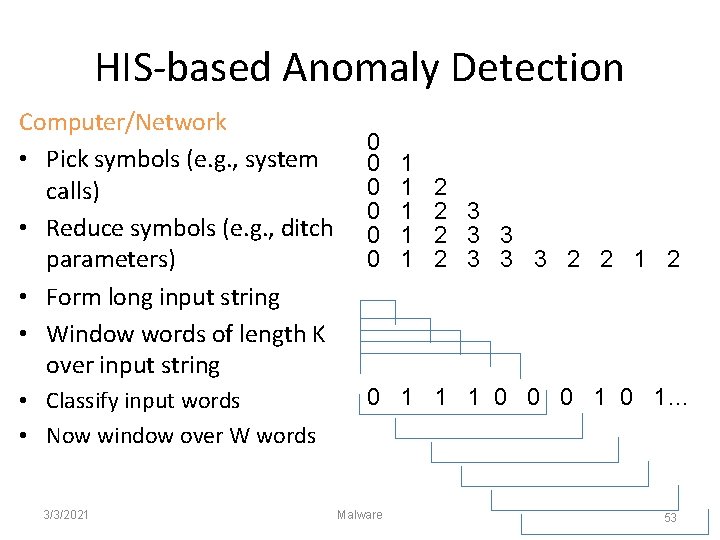 HIS-based Anomaly Detection Computer/Network • Pick symbols (e. g. , system calls) • Reduce