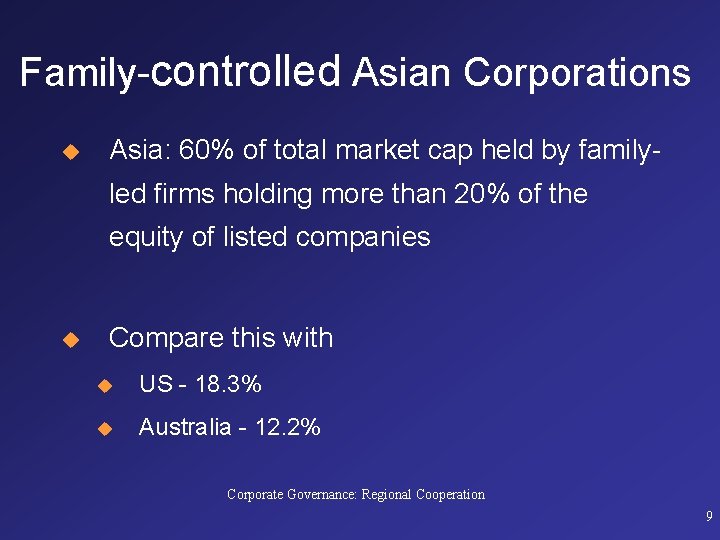Family-controlled Asian Corporations u Asia: 60% of total market cap held by familyled firms