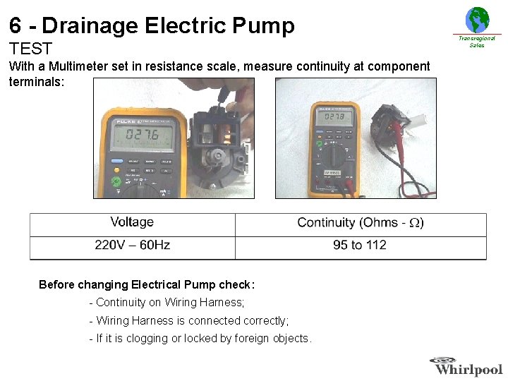 6 - Drainage Electric Pump TEST With a Multimeter set in resistance scale, measure