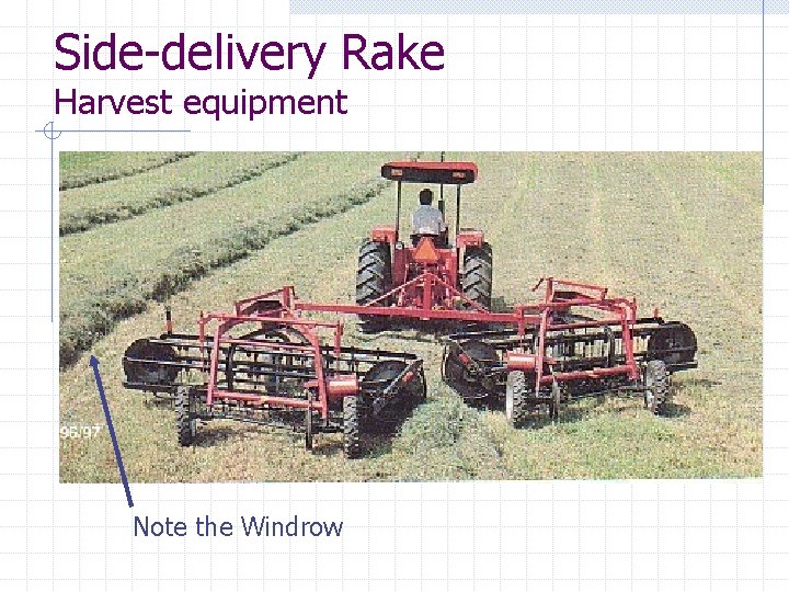 Side-delivery Rake Harvest equipment Note the Windrow 