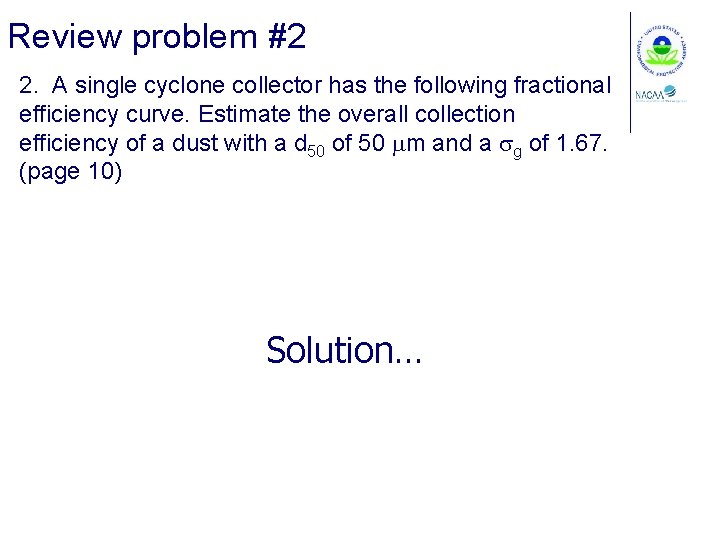 Review problem #2 2. A single cyclone collector has the following fractional efficiency curve.