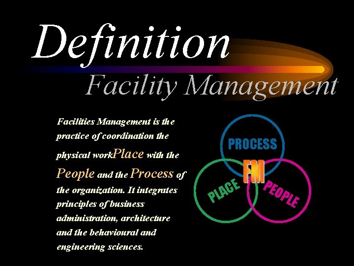 Definition Facility Management Facilities Management is the practice of coordination the PROCESS physical work.