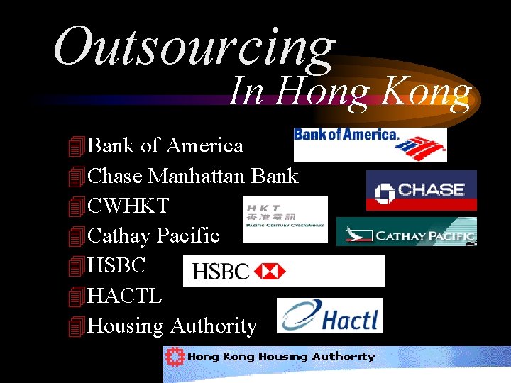 Outsourcing In Hong Kong 4 Bank of America 4 Chase Manhattan Bank 4 CWHKT