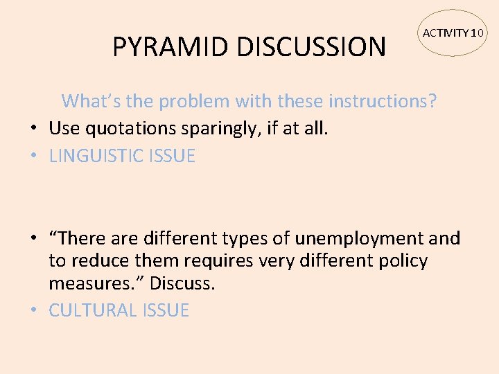 PYRAMID DISCUSSION ACTIVITY 10 What’s the problem with these instructions? • Use quotations sparingly,