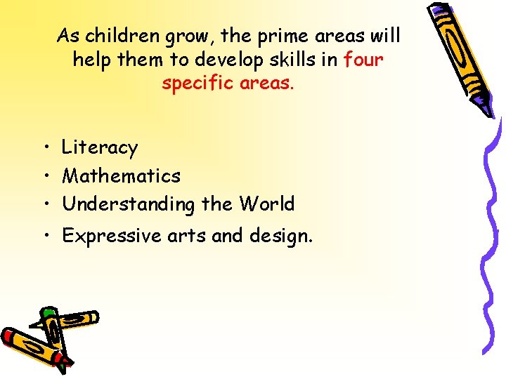 As children grow, the prime areas will help them to develop skills in four