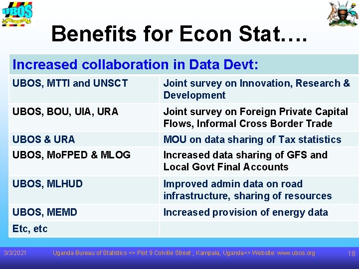 Benefits for Econ Stat…. Increased collaboration in Data Devt: UBOS, MTTI and UNSCT Joint