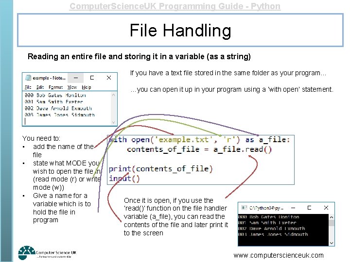 Computer. Science. UK Programming Guide - Python File Handling Reading an entire file and