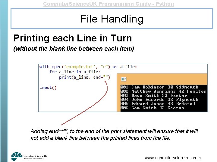 Computer. Science. UK Programming Guide - Python File Handling Printing each Line in Turn