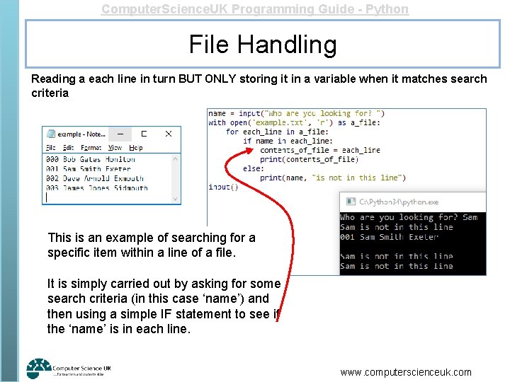 Computer. Science. UK Programming Guide - Python File Handling Reading a each line in