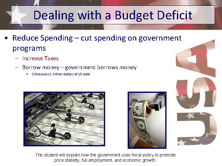 Dealing with a Budget Deficit • Reduce Spending – cut spending on government programs