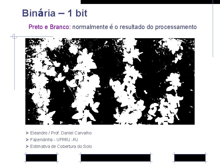 Binária – 1 bit Preto e Branco: normalmente é o resultado do processamento Ø