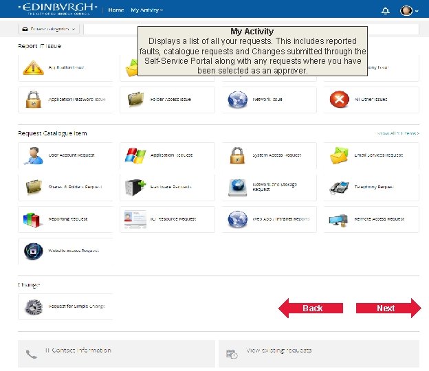 My Activity Displays a list of all your requests. This includes reported faults, catalogue