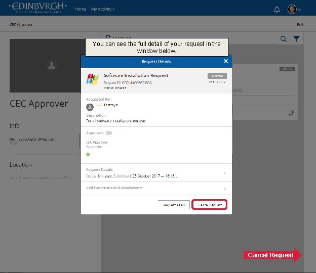 You can see the full detail of your request in the window below. Cancel