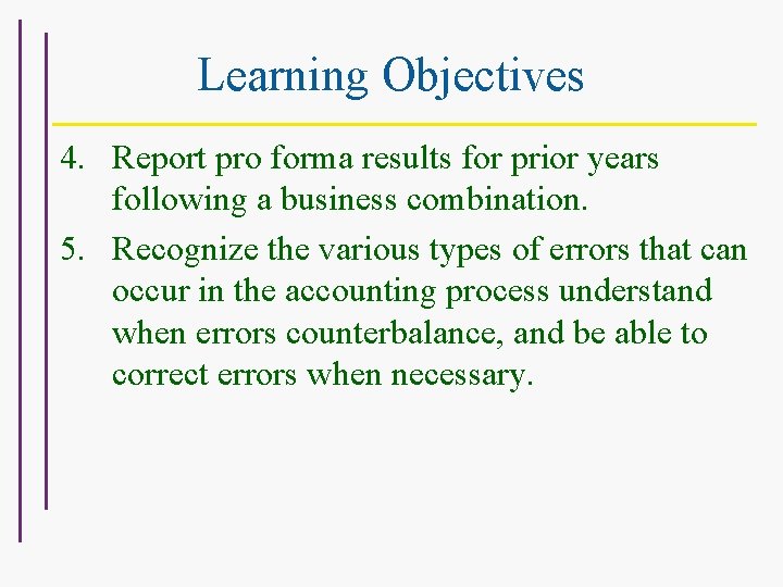 Learning Objectives 4. Report pro forma results for prior years following a business combination.