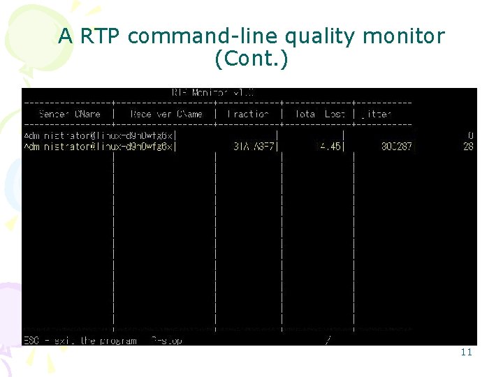 A RTP command-line quality monitor (Cont. ) 11 A RTP command-line quality monitor (Cont. ) 11