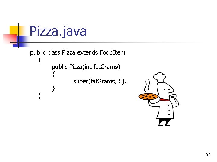 Pizza. java public class Pizza extends Food. Item { public Pizza(int fat. Grams) {