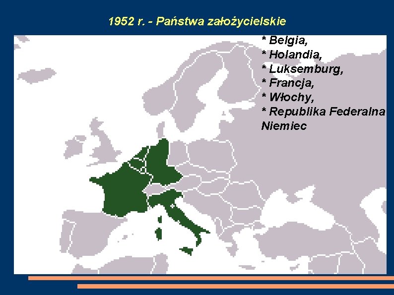 1952 r. - Państwa założycielskie * Belgia, * Holandia, * Luksemburg, * Francja, *