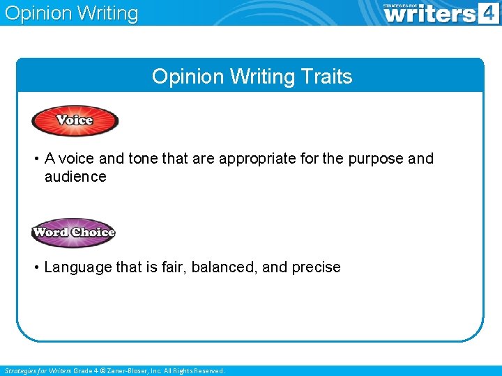 Opinion Writing Traits • A voice and tone that are appropriate for the purpose