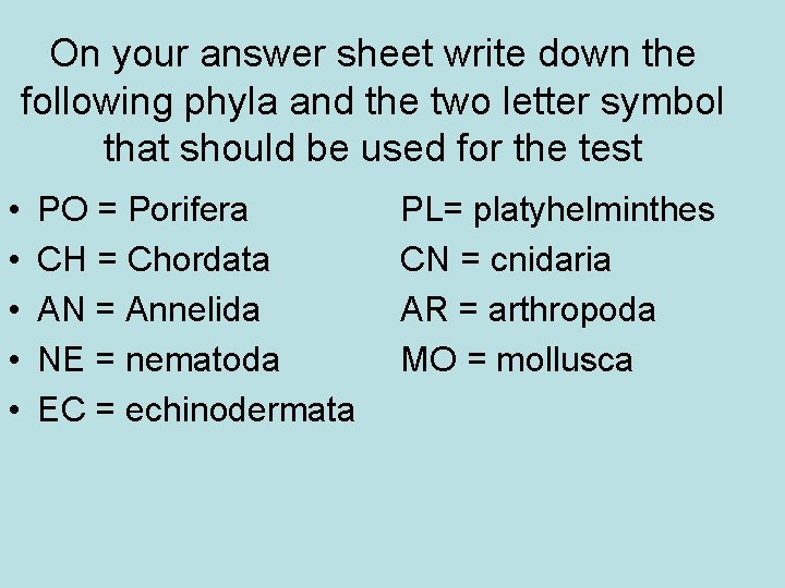 On your answer sheet write down the following phyla and the two letter symbol