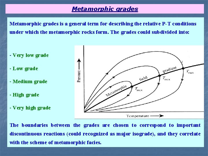 Metamorphic grades is a general term for describing the relative P-T conditions under which