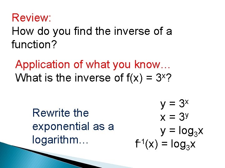 Review: How do you find the inverse of a function? Application of what you