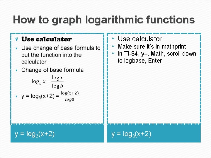 How to graph logarithmic functions Use calculator Make sure it’s in mathprint In TI-84,