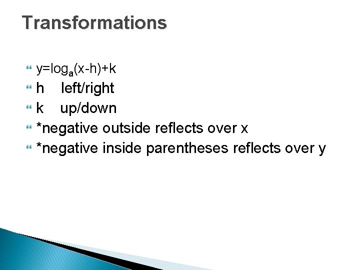 Transformations y=loga(x-h)+k h left/right k up/down *negative outside reflects over x *negative inside parentheses