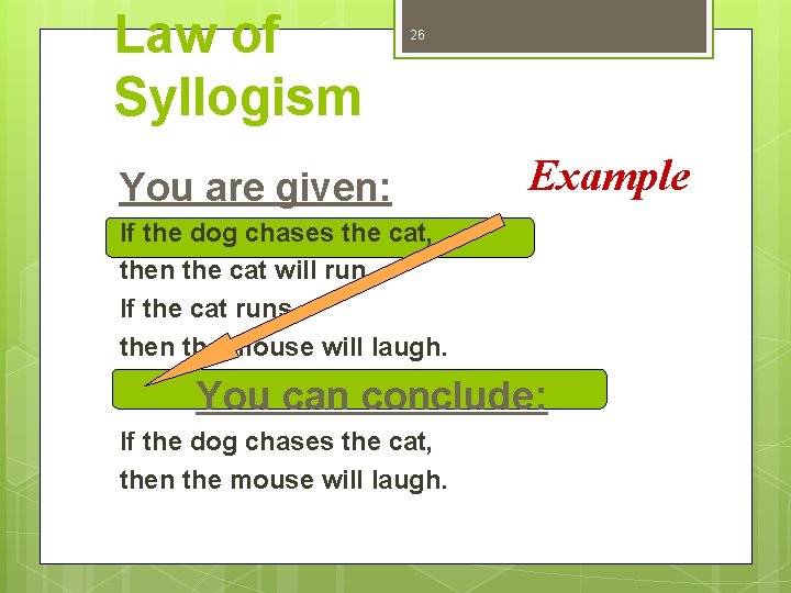 Law of Syllogism 26 You are given: Example If the dog chases the cat,