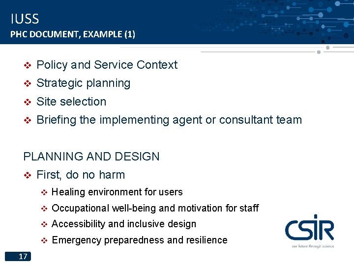 IUSS PHC DOCUMENT, EXAMPLE (1) v Policy and Service Context v Strategic planning v