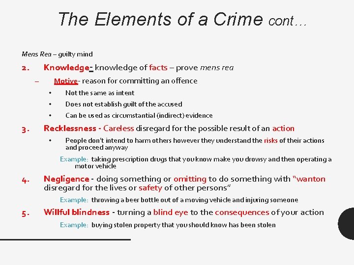 The Elements of a Crime cont… Mens Rea – guilty mind Knowledge- knowledge of