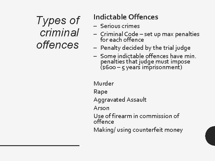 Types of criminal offences Indictable Offences – Serious crimes – Criminal Code – set