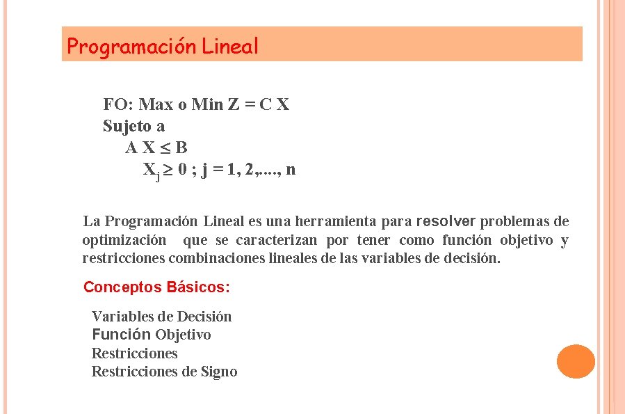 Programación Lineal FO: Max o Min Z = C X Sujeto a AX B