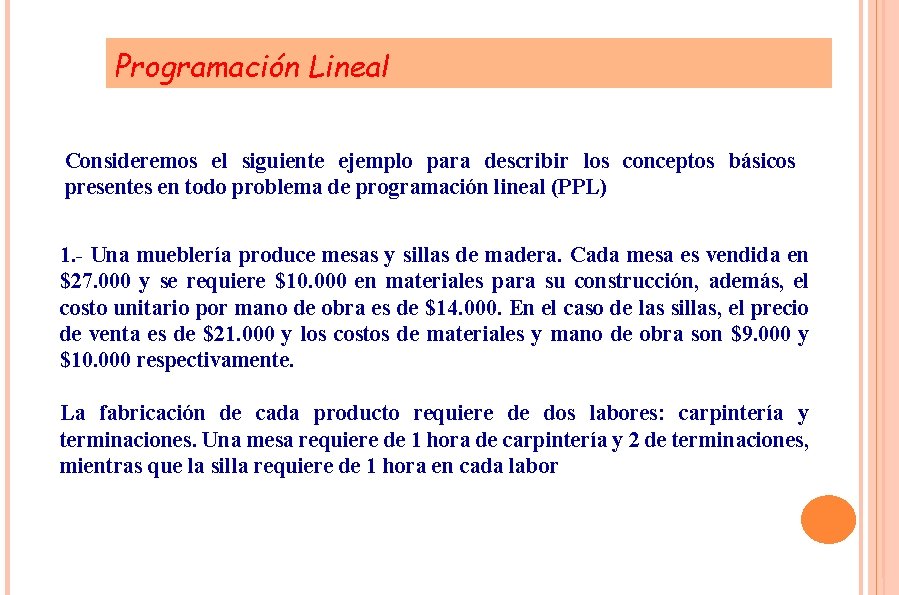 Programación Lineal Consideremos el siguiente ejemplo para describir los conceptos básicos presentes en todo