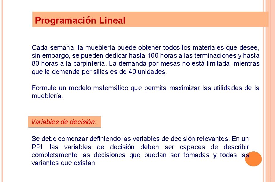 Programación Lineal Cada semana, la mueblería puede obtener todos los materiales que desee, sin