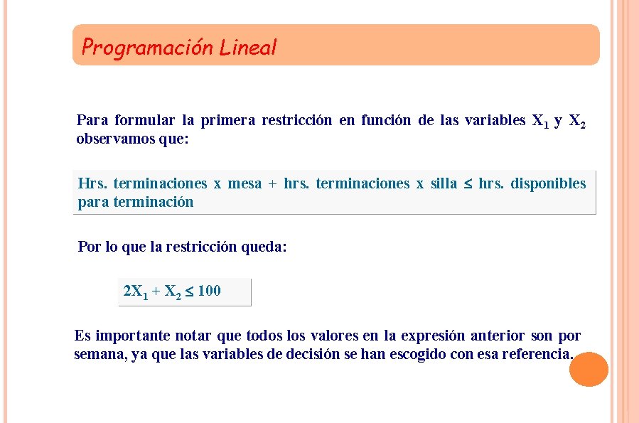 Programación Lineal Para formular la primera restricción en función de las variables X 1