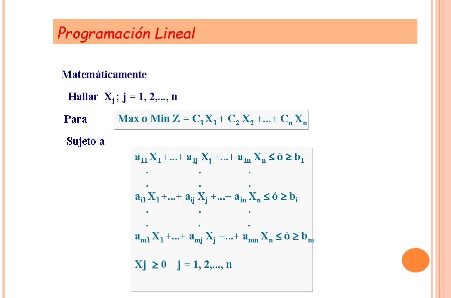 Programación Lineal Matemáticamente Hallar Xj ; j = 1, 2, . . . ,