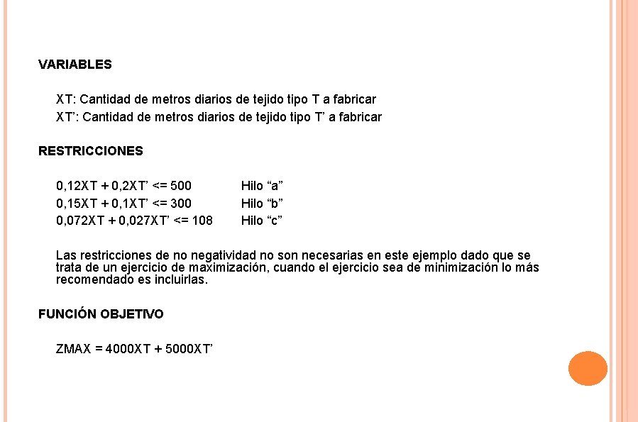 VARIABLES XT: Cantidad de metros diarios de tejido tipo T a fabricar XT’: Cantidad