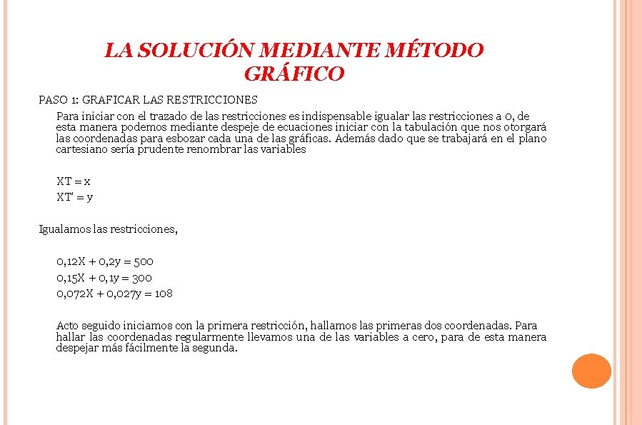 LA SOLUCIÓN MEDIANTE MÉTODO GRÁFICO PASO 1: GRAFICAR LAS RESTRICCIONES Para iniciar con el