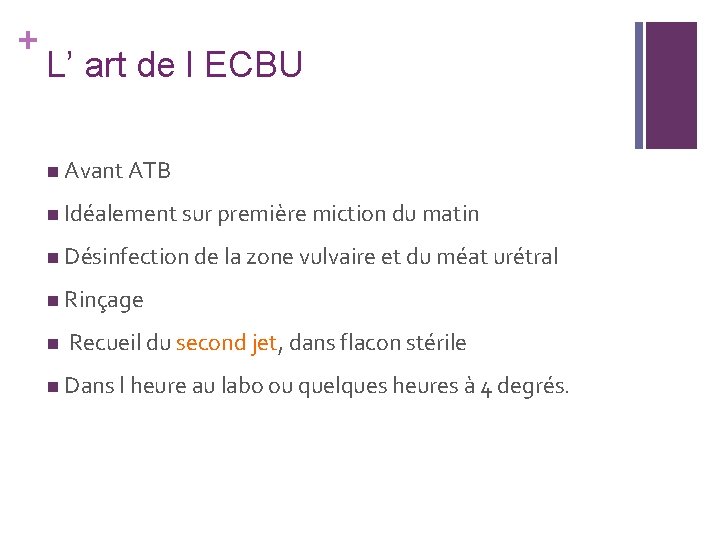 + L’ art de l ECBU n Avant ATB n Idéalement sur première miction