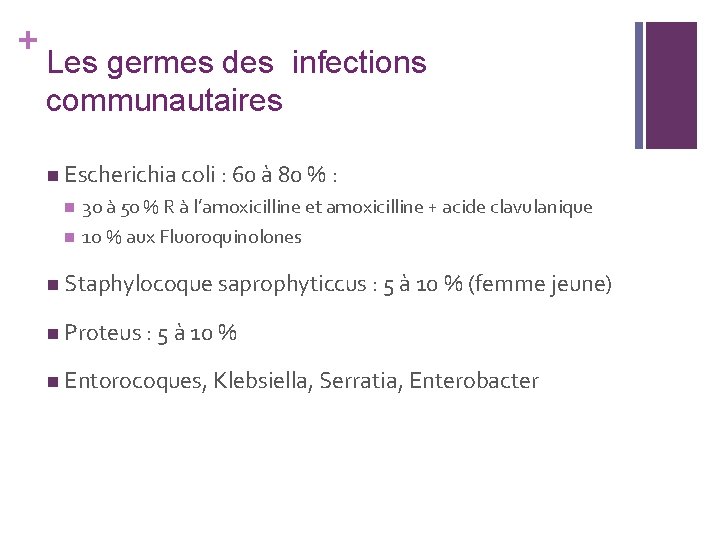 + Les germes des infections communautaires n Escherichia coli : 60 à 80 %