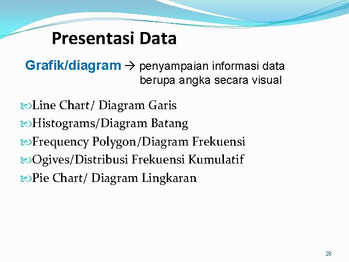 Presentasi Data Grafik/diagram penyampaian informasi data berupa angka secara visual Line Chart/ Diagram Garis