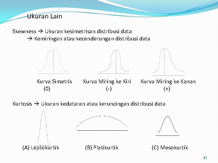 Ukuran Lain Skewness Ukuran kesimetrisan distribusi data Kemiringan atau kecenderungan distribusi data Kurva Simetris