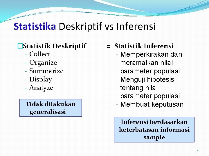 Statistika Deskriptif vs Inferensi �Statistik Deskriptif - Collect - Organize - Summarize - Display