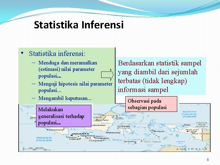 Statistika Inferensi • Statistika inferensi: – Menduga dan meramalkan – – (estimasi) nilai parameter