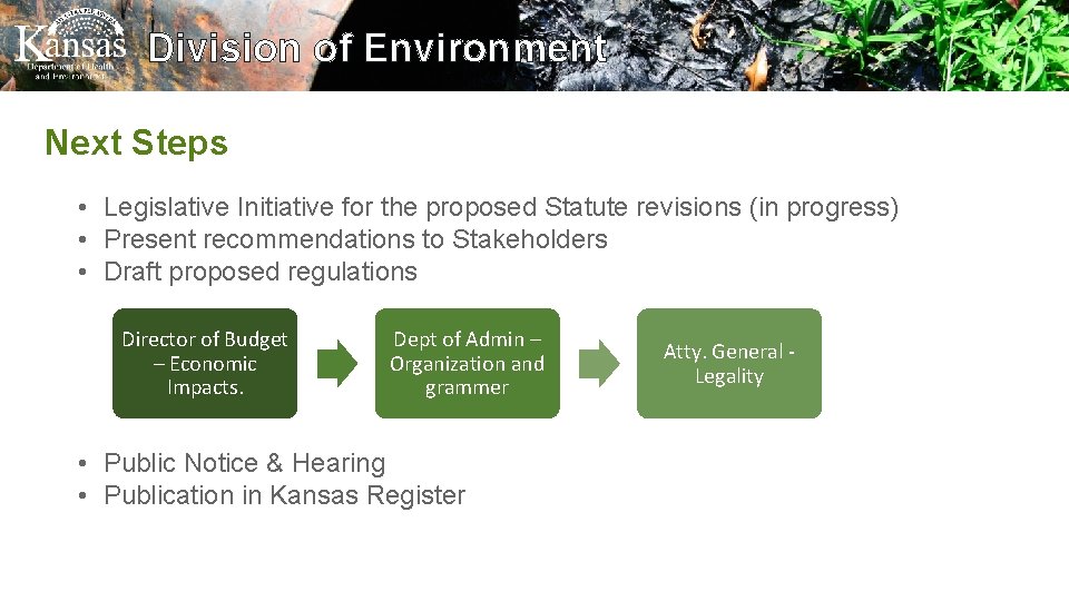 Division of Environment Next Steps • Legislative Initiative for the proposed Statute revisions (in