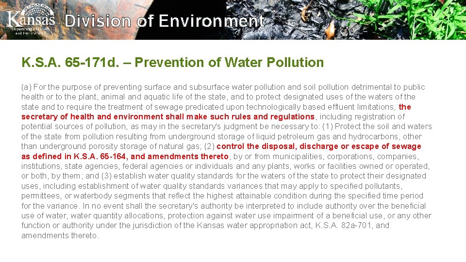 Division of Environment K. S. A. 65 -171 d. – Prevention of Water Pollution